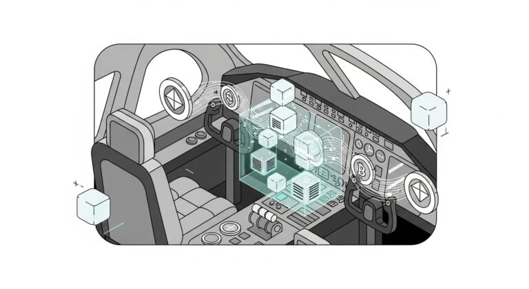 Blockchain luxury travel technology showing private jet and smart contract interface