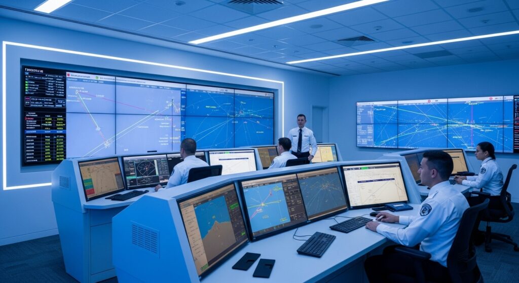 Modern government aviation operations control center, multiple screens displaying real-time aircraft tracking data, professional staff monitoring federal fleet operations, clean minimalist design, blue and white color scheme, high-tech transparency dashboard, professional photography, 8k quality