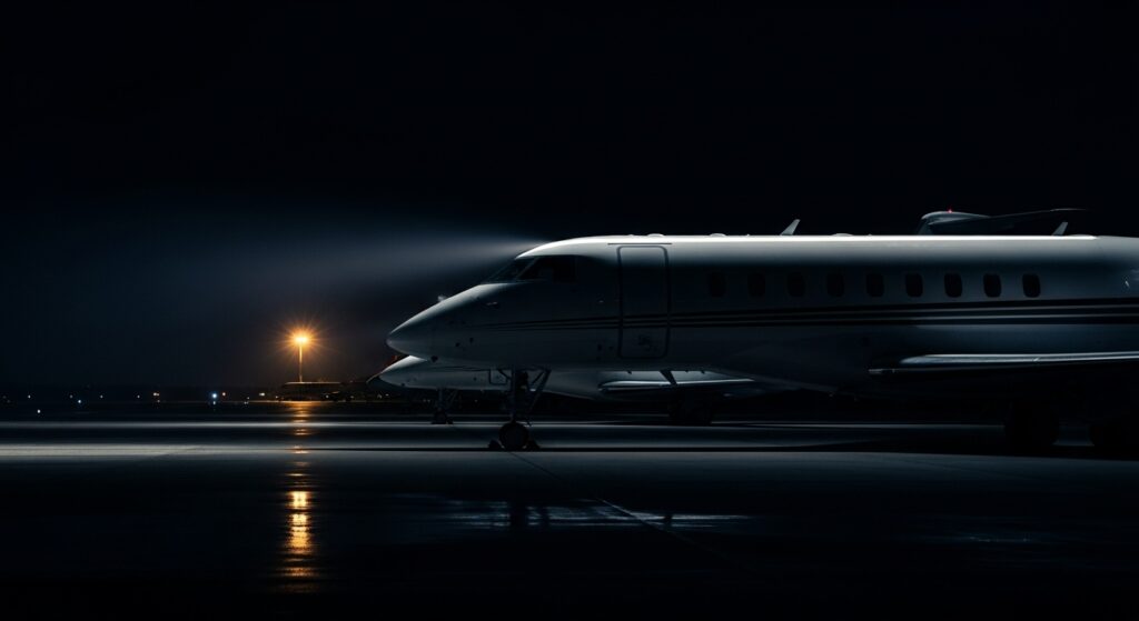 Two private jets parked under minimal golden light on dark runway at night.