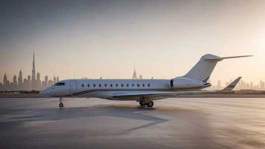 Global mobility trends 2025 private jet Dubai tarmac golden hour representing new wealth status symbols`