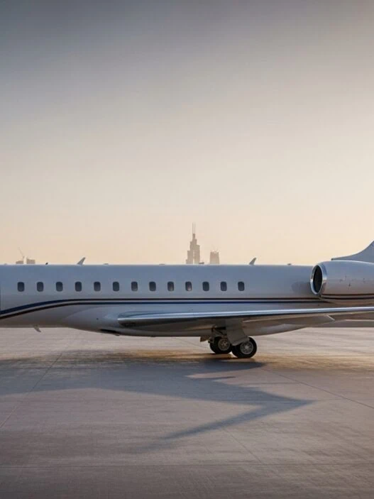 Global mobility trends 2025 private jet Dubai tarmac golden hour representing new wealth status symbols`