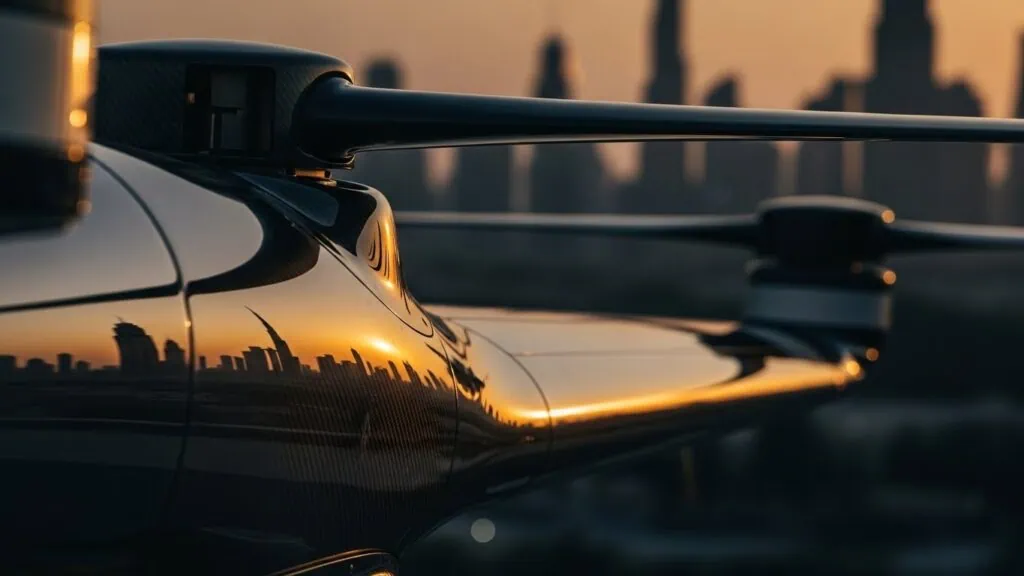 11 eVTOL Vertiports Worldwide: Ultimate Global Infrastructure Map 2025 23 Dubai eVTOL vertiport network showing Joby Aviation electric aircraft at Palm Jumeirah waterfront hub with luxury Dubai skyline