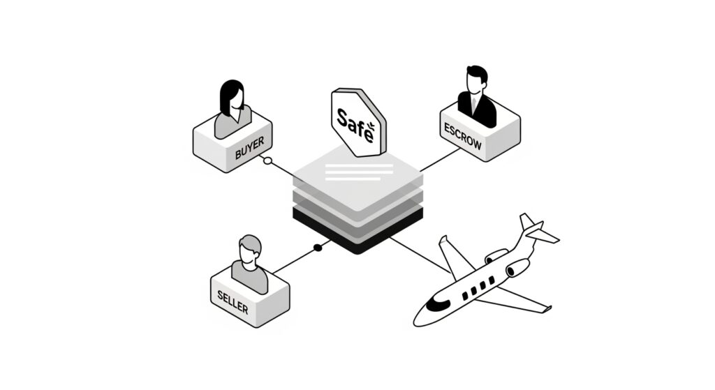 Buy Private Jet with Bitcoin: Ultimate Guide 2025 22 Buy private jet with Bitcoin blockchain escrow showing Safe Gnosis multi-signature smart contract 2-of-3 signature requirement automated settlement on-chain transparency cryptocurrency aviation