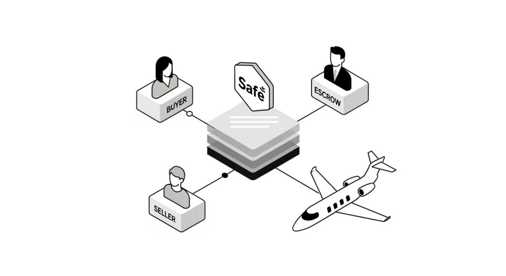 Buy Private Jet with Bitcoin: Ultimate Guide 2025 22 Buy private jet with Bitcoin blockchain escrow showing Safe Gnosis multi-signature smart contract 2-of-3 signature requirement automated settlement on-chain transparency cryptocurrency aviation