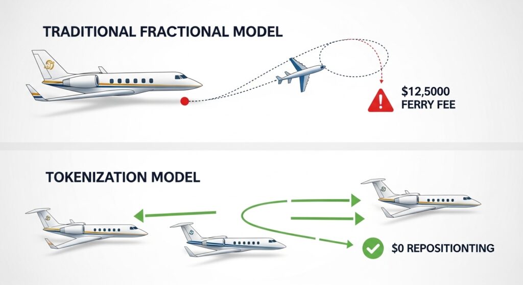 Fractional Jet Ownership vs Tokenization: 7 Game-Changing Differences Since 1987 26 Corporate aviation efficiency comparison showing traditional fractional ownership ferry costs versus tokenization's regional fleet positioning advantages