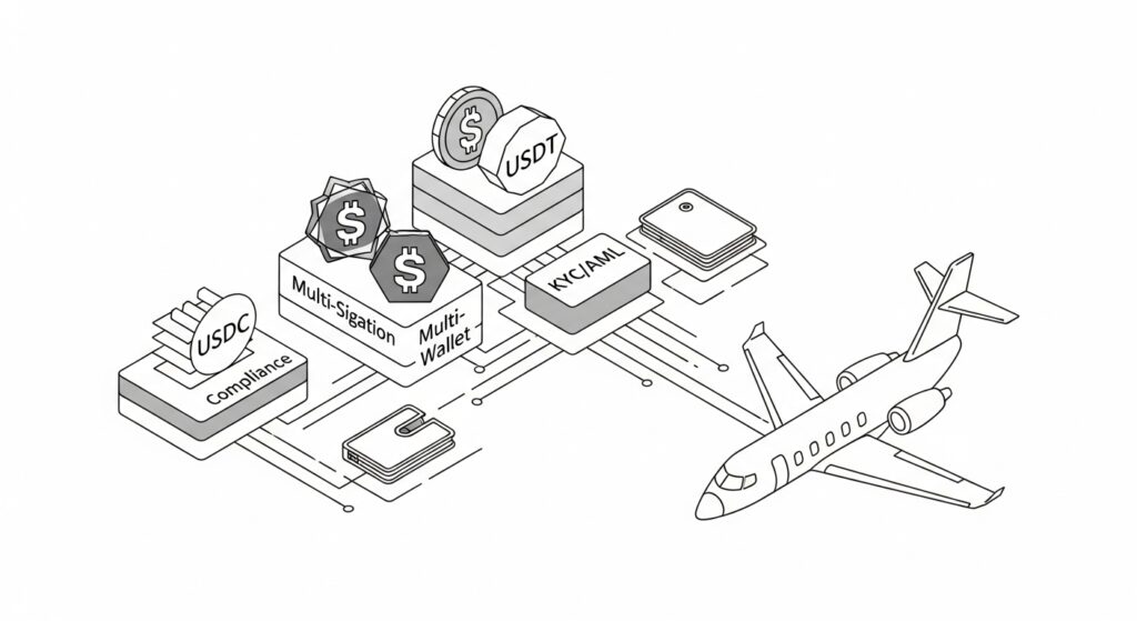 Buy Private Jet with Bitcoin: Ultimate Guide 2025 24 Buy private jet with Bitcoin risk mitigation showing stablecoin volatility protection blockchain escrow counterparty security compliance best practices technical transaction safeguards cryptocurrency aviation