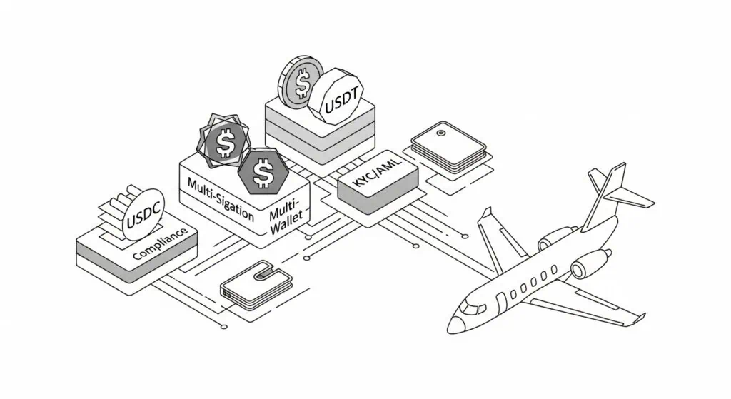 Buy Private Jet with Bitcoin: Ultimate Guide 2025 24 Buy private jet with Bitcoin risk mitigation showing stablecoin volatility protection blockchain escrow counterparty security compliance best practices technical transaction safeguards cryptocurrency aviation