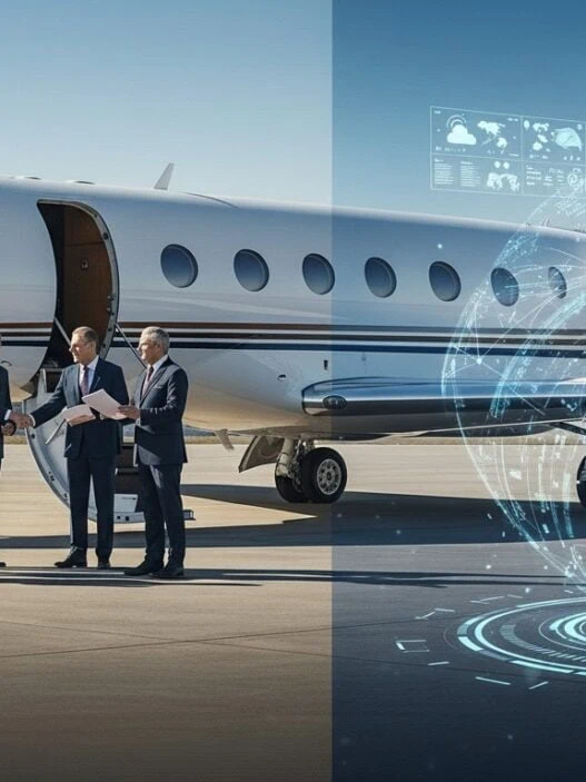 Fractional jet ownership vs tokenization comparison showing traditional 1987 model versus blockchain-based 2025 private aviation investment