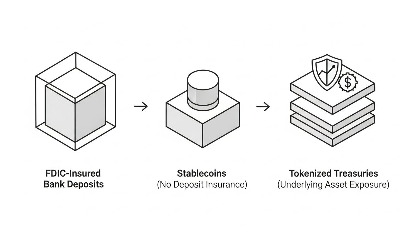 financial risk comparison stablecoin versus bank account versus tokenized treasury FDIC insurance $250K protection blockchain security regulatory framework investor safety