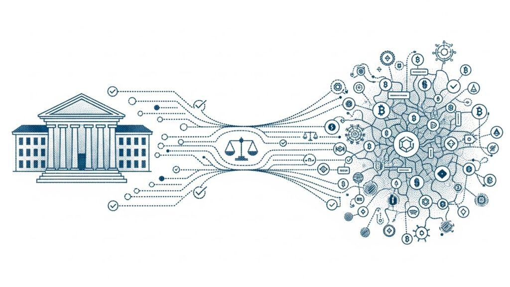 Institutional tokenization infrastructure TradFi DeFi bridge halftone illustration 2025