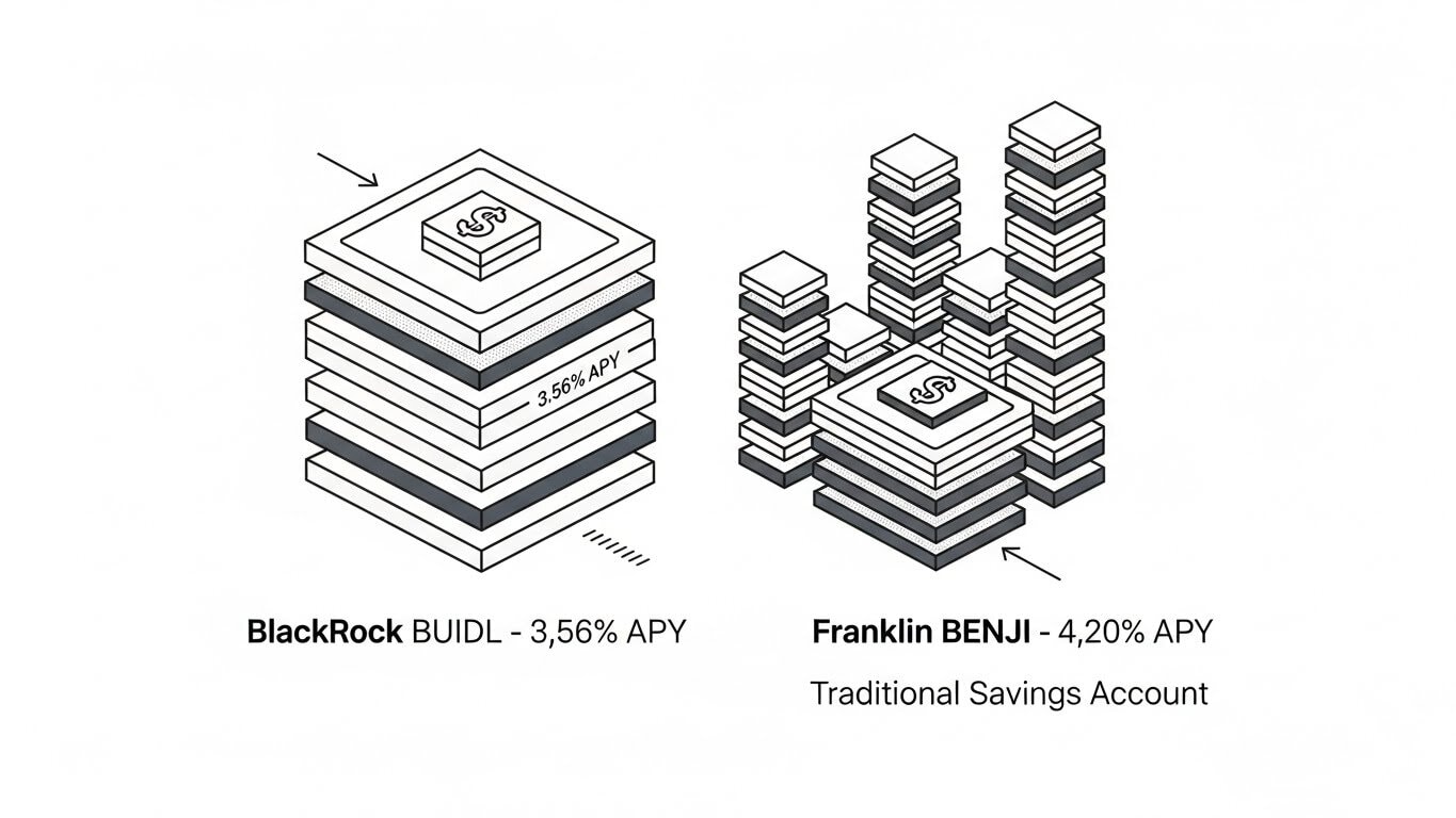 tokenized treasury yield comparison 2026 BlackRock BUIDL 3.56% APY Franklin Templeton BENJI 4.20% APY versus traditional bank savings accounts blockchain finance