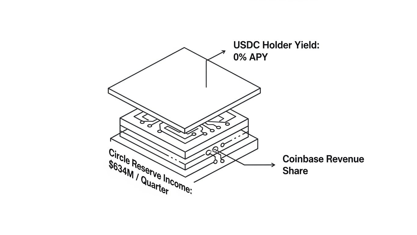 USDC stablecoin yield economics diagram showing Circle reserve income $634 million quarterly Coinbase revenue share agreement zero holder APY financial infrastructure