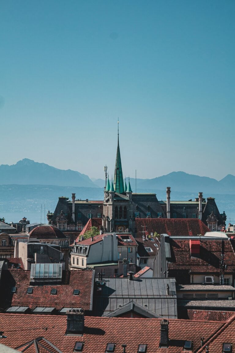 Lausanne Switzerland Lake Geneva panorama Olympic capital cathedral Gothic architecture Alps