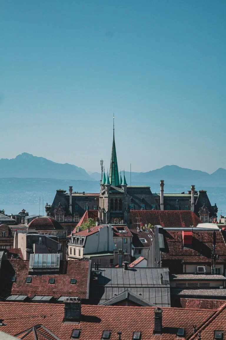 Lausanne Switzerland Lake Geneva panorama Olympic capital cathedral Gothic architecture Alps