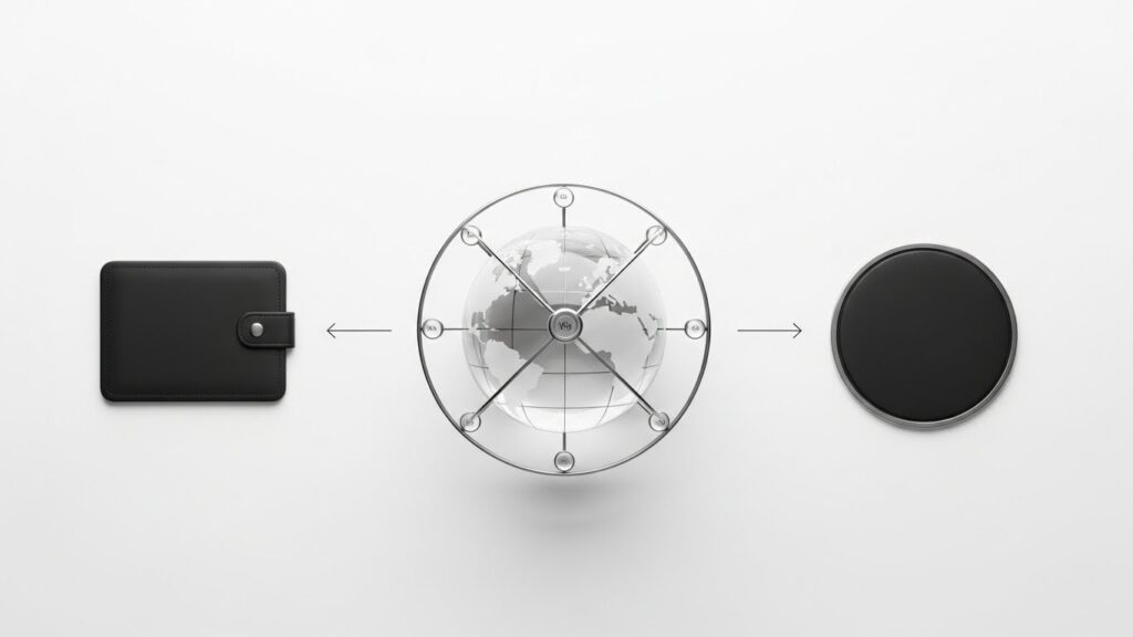 Crypto travel payments borderless wealth showing digital wallet blockchain network global travel freedom stablecoin settlements 2026