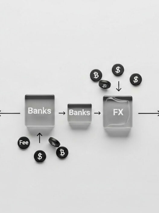 Crypto travel payments 2026 cost comparison showing traditional Cash Bag foreign transaction fees versus Crypto Bag stablecoin settlement savings