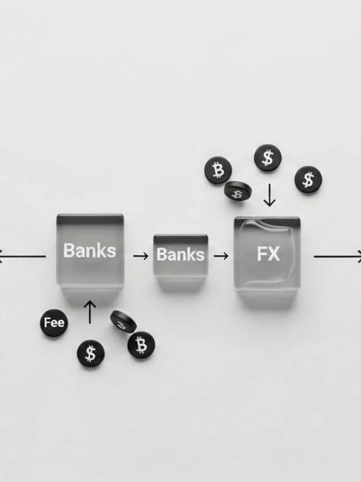Crypto travel payments 2026 cost comparison showing traditional Cash Bag foreign transaction fees versus Crypto Bag stablecoin settlement savings