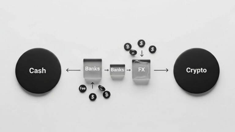 Crypto travel payments 2026 cost comparison showing traditional Cash Bag foreign transaction fees versus Crypto Bag stablecoin settlement savings