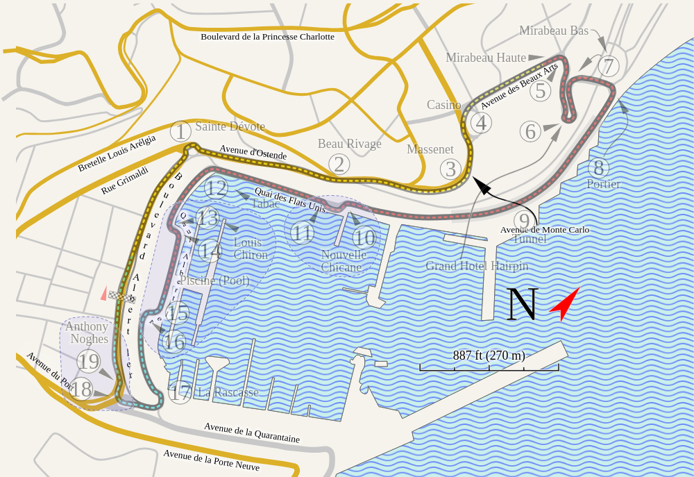 Monaco F1 circuit map 19 corners Sainte-Dévote Casino Square Swimming Pool Rascasse street racing layout 2026